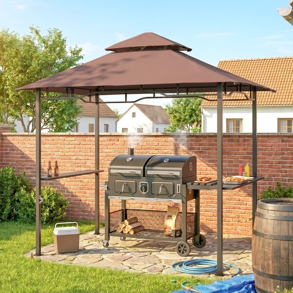 Outsunny – Gazebo Riparo per Barbecue BBQ Tendone da Esterno Doppio Tetto in Poliestere Caffè, 245 x 148cm