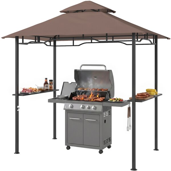 Outsunny – Gazebo Riparo per Barbecue BBQ Tendone da Esterno Doppio Tetto in Poliestere Caffè, 245 x 148cm
