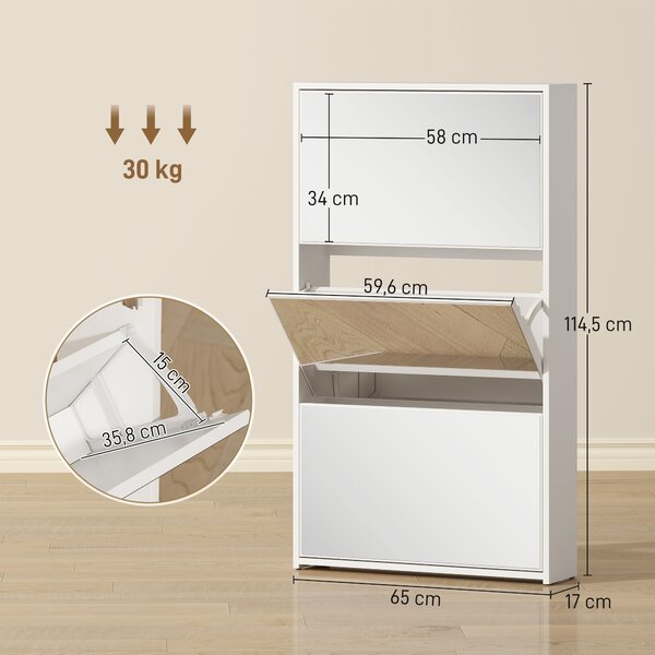 HOMCOM Scarpiera a Specchio con 3 Cassetti a Ribalta per 9 Paia di Scarpe, in Legno, 65x17x114.5 cm, Bianco | Aosom Italy