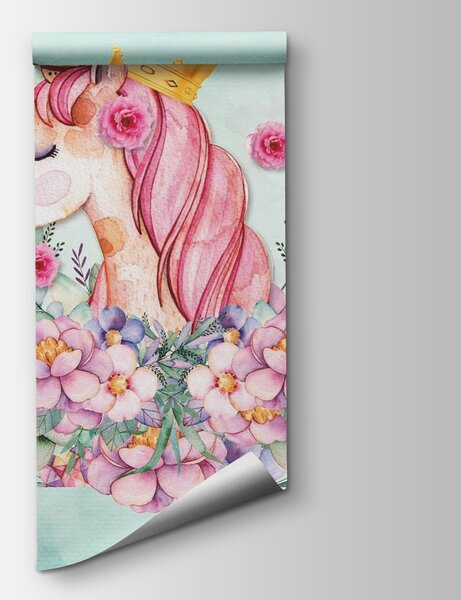 Carta da parati Unicorno acquerellato con corona e fiori, Carta da parati per Bambini, Carta da parati popolare, u33736 - Tapeko.it