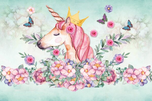 Carta da parati Unicorno acquerellato con corona e fiori, Carta da parati per Bambini, Carta da parati popolare, u33736 - Tapeko.it
