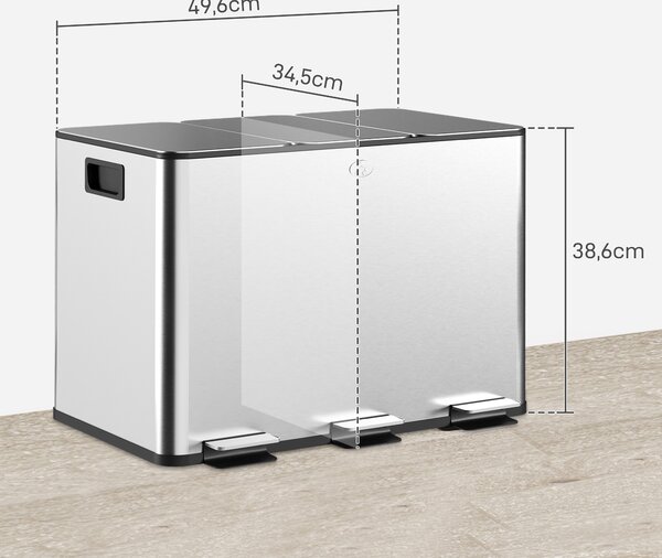 HOMCOM Pattumiera Differenziata 3 Scomparti 10L da Cucina a Pedale, Cestino Spazzatura con 3 Coperchi a Chiusura Silenziosa in Acciaio Inox e PP, 49.6x34.5x38.6 cm, Argento | Aosom Italy