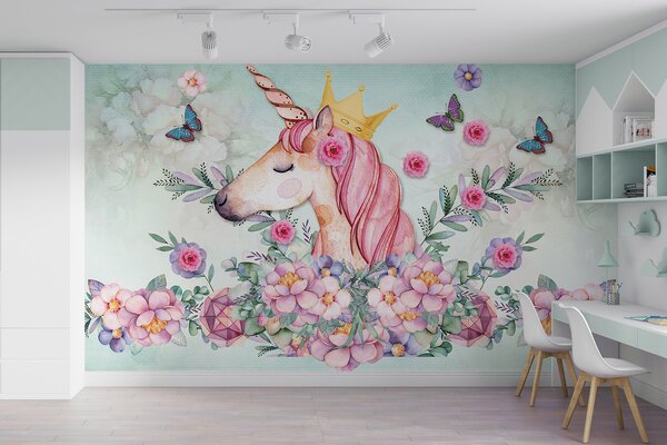 Carta da parati Unicorno acquerellato con corona e fiori, Carta da parati per Bambini, Carta da parati popolare, u33736 - Tapeko.it