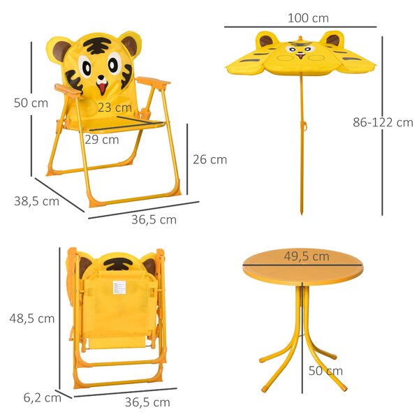 Outsunny Set da Giardino 4 Pezzi per Bambini con Tavolino Rotondo, 2 Sedie Pieghevoli e un Ombrellone Regolabile, Giallo | Aosom Italy