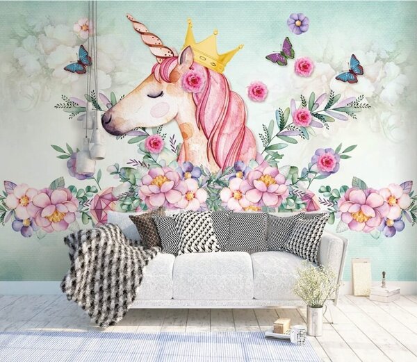 Carta da parati Unicorno acquerellato con corona e fiori, Carta da parati per Bambini, Carta da parati popolare, u33736 - Tapeko.it