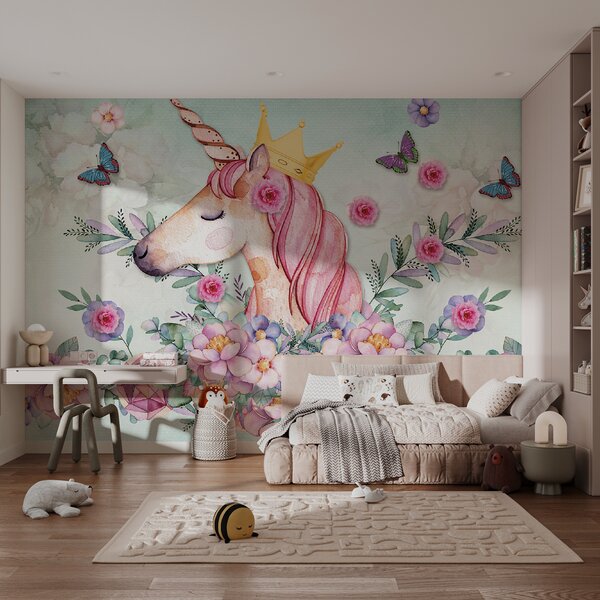 Carta da parati Unicorno acquerellato con corona e fiori, Carta da parati per Bambini, Carta da parati popolare, u33736 - Tapeko.it