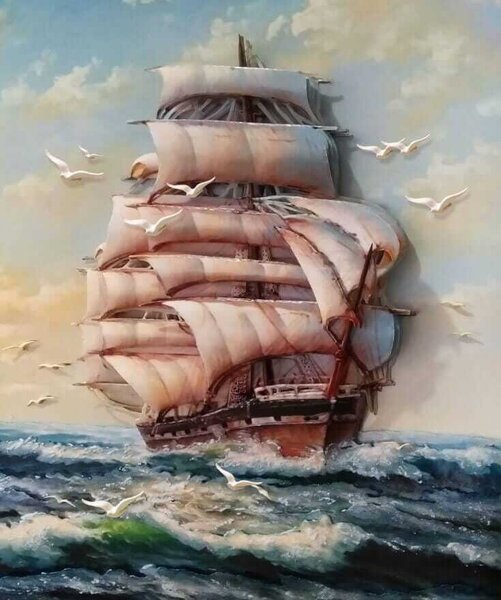 Carta da parati Dipinto di una nave con vele e uccelli in volo, Carta da parati design, Carta da parati popolare, u34241 - Tapeko.it