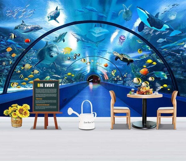Carta da parati Tunnel con pesci e animali, Carta da parati 3d fiori, Carta da parati popolare, u34490 - Tapeko.it