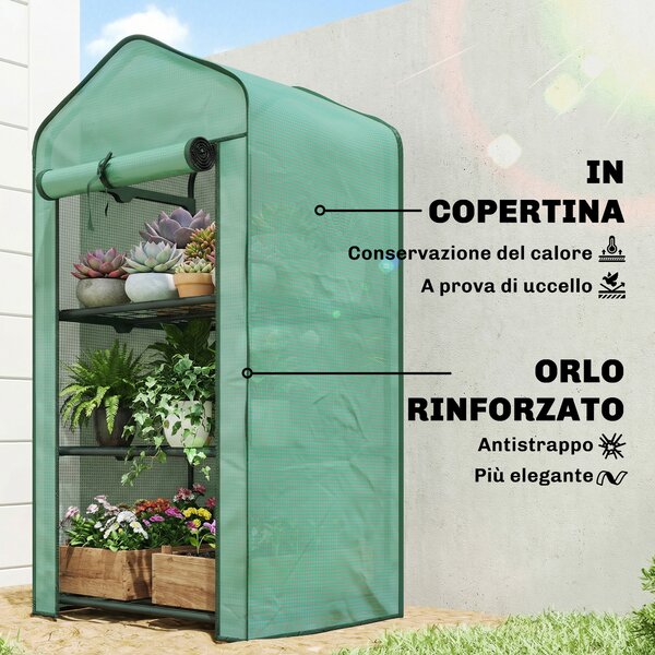 Outsunny Mini Serra da Giardino con Copertura in PE, 3 Ripiani e Porta Avvolgibile, 59x39x127cm, Verde | Aosom Italy