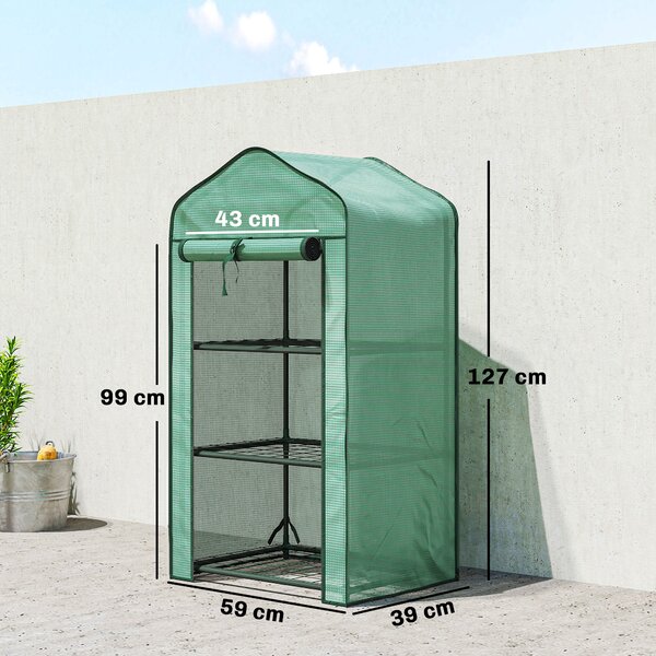 Outsunny Mini Serra da Giardino con Copertura in PE, 3 Ripiani e Porta Avvolgibile, 59x39x127cm, Verde | Aosom Italy