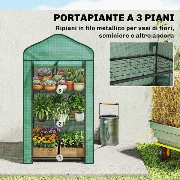 Outsunny Mini Serra da Giardino con Copertura in PE, 3 Ripiani e Porta Avvolgibile, 59x39x127cm, Verde | Aosom Italy