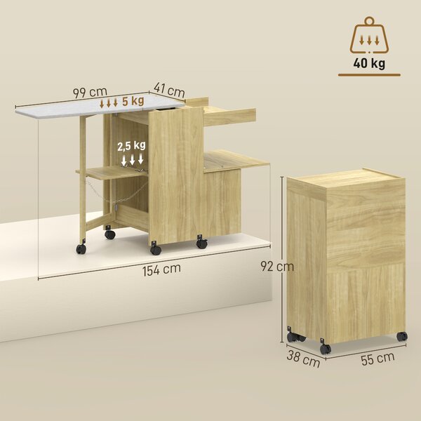 HOMCOM Armadio Asse da Stiro Pieghevole con Porta Ferro e Indumenti con Vano Aperto,154x55x87 cm, Legno Naturale | Aosom Italy
