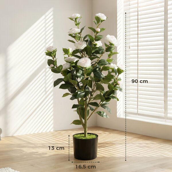 HOMCOM Pianta Finta di Camelia con Fiori Realistici, 176 Foglie in PEVA e Vaso Nero in PP Riempito in Cemento, Bianco | Aosom Italy