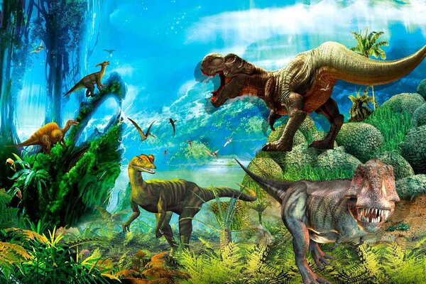 Carta da parati Gruppo di dinosauri in una foresta, Carta da parati animali, Carta da parati popolare, u35232 - Tapeko.it