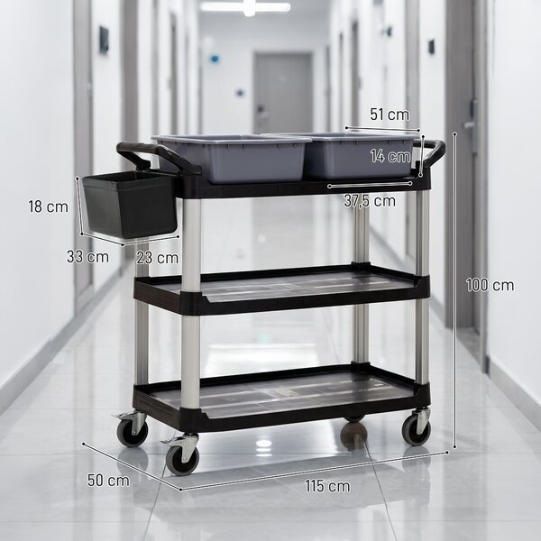 HOMCOM Carrello Pulizie Professionale a 3 Ripiani con 2 Contenitori Rimovibili, Bidone Laterale e 4 Ruote, Nero | Aosom Italy