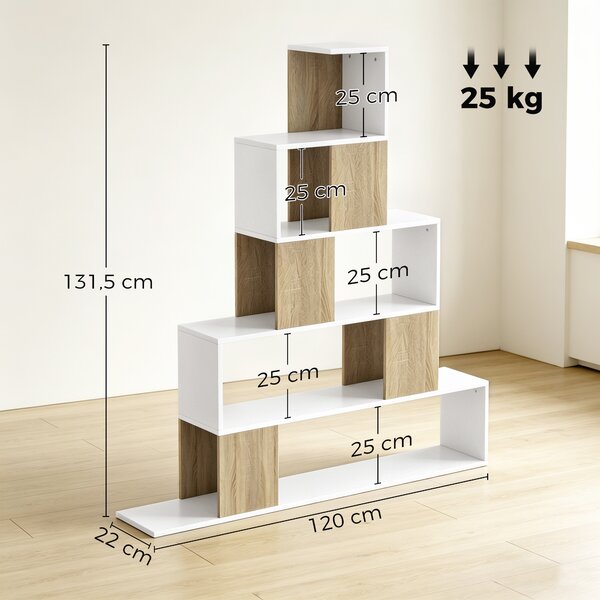 HOMCOM Libreria a 5 Ripiani con Design a Gradini Bianco e Naturale | Aosom Italy