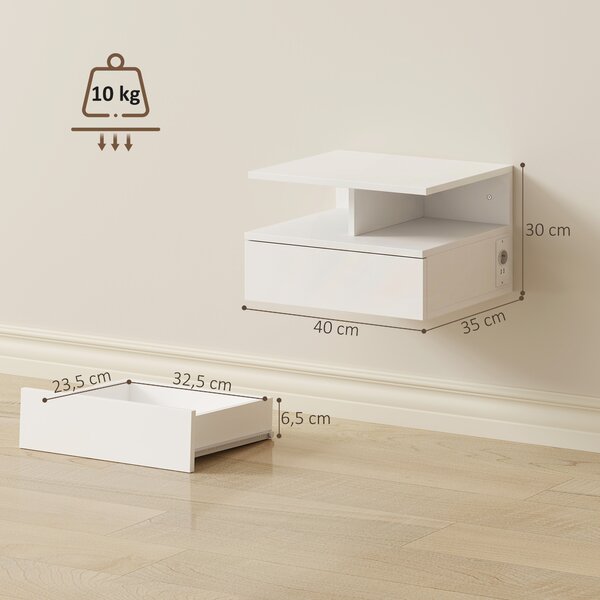 HOMCOM Set 2 Comodini Sospesi: Stazione di Ricarica, Cassetto, Scaffale, Bianco | Aosom Italy