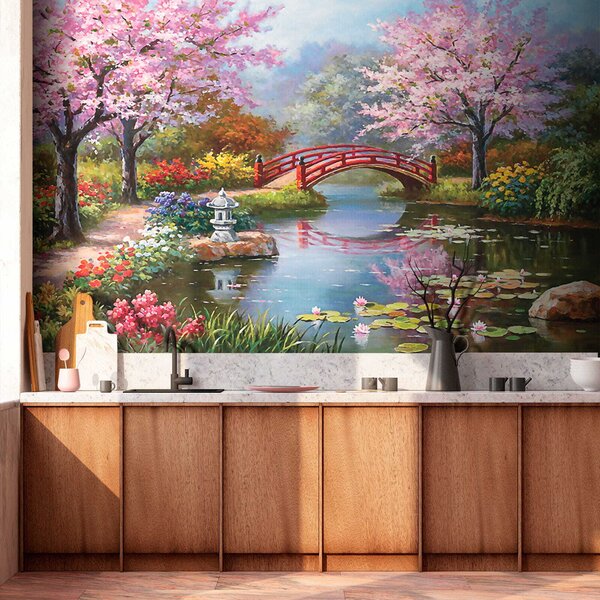 Carta da parati Pittura di uno stagno con ponte e fiori, Carta da parati design, Carta da parati popolare, u35418 - Tapeko.it