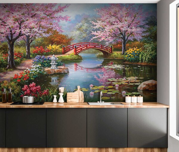 Carta da parati Pittura di uno stagno con ponte e fiori, Carta da parati design, Carta da parati popolare, u35418 - Tapeko.it