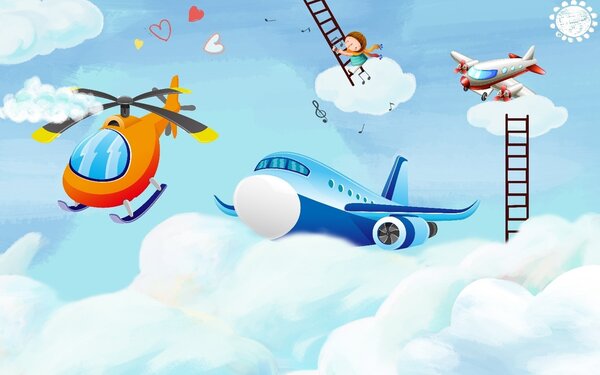 Carta da parati Aerei dei cartoni animati nel cielo, Carta da parati per Bambini, Carta da parati popolare, u36189 - Tapeko.it