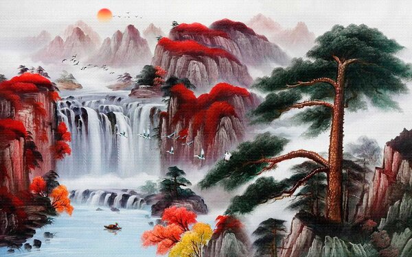 Carta da parati Pittura di una cascata e di alberi, Carta da parati design, Carta da parati popolare, u36222 - Tapeko.it