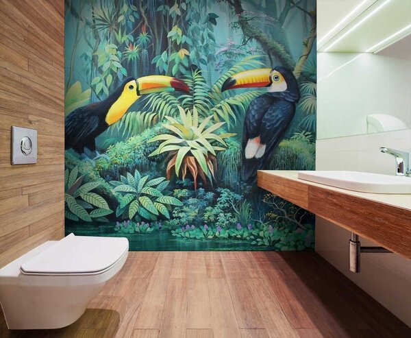 Carta da parati Pittura di uccelli in una foresta, Carta da parati animali, Carta da parati popolare, u36358 - Tapeko.it