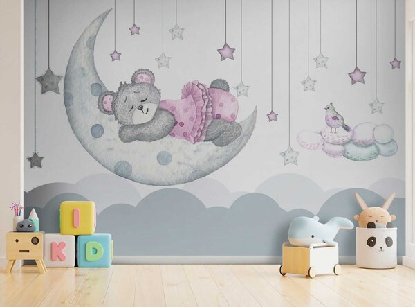 Carta da parati Orsetto che dorme sulla luna, Carta da parati per Bambini, Carta da parati popolare, u37013 - Tapeko.it
