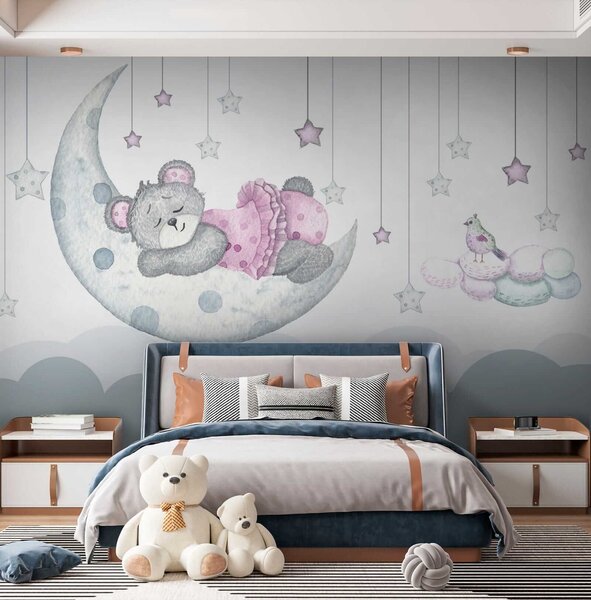 Carta da parati Orsetto che dorme sulla luna, Carta da parati per Bambini, Carta da parati popolare, u37013 - Tapeko.it