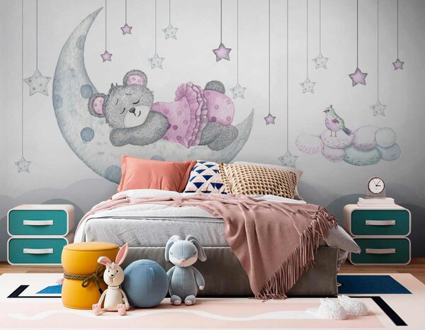Carta da parati Orsetto che dorme sulla luna, Carta da parati per Bambini, Carta da parati popolare, u37013 - Tapeko.it