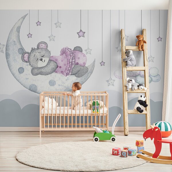 Carta da parati Orsetto che dorme sulla luna, Carta da parati per Bambini, Carta da parati popolare, u37013 - Tapeko.it