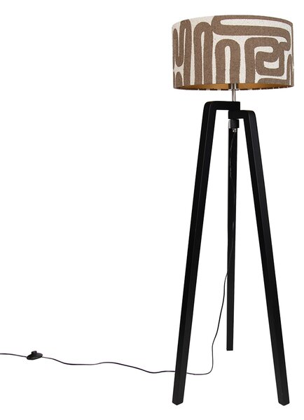 Lampada da terra nera a treppiede con paralume a righe marroni e beige 50cm - Puros