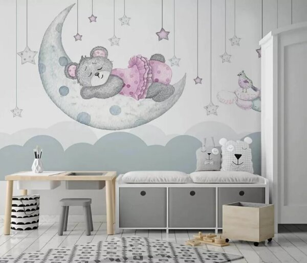 Carta da parati Orsetto che dorme sulla luna, Carta da parati per Bambini, Carta da parati popolare, u37013 - Tapeko.it