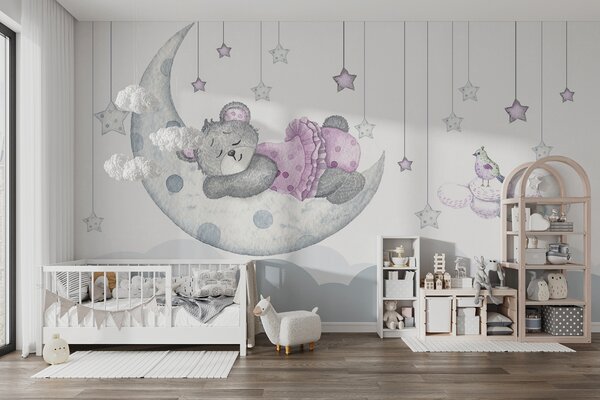 Carta da parati Orsetto che dorme sulla luna, Carta da parati per Bambini, Carta da parati popolare, u37013 - Tapeko.it