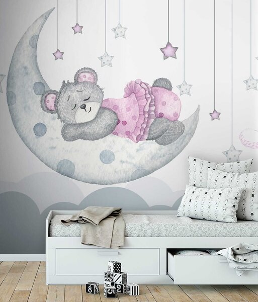 Carta da parati Orsetto che dorme sulla luna, Carta da parati per Bambini, Carta da parati popolare, u37013 - Tapeko.it