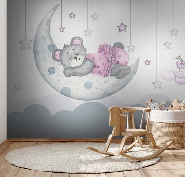 Carta da parati Orsetto che dorme sulla luna, Carta da parati per Bambini, Carta da parati popolare, u37013 - Tapeko.it
