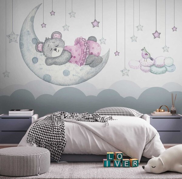 Carta da parati Orsetto che dorme sulla luna, Carta da parati per Bambini, Carta da parati popolare, u37013 - Tapeko.it