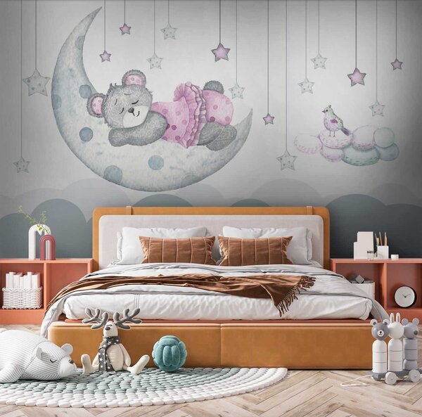 Carta da parati Orsetto che dorme sulla luna, Carta da parati per Bambini, Carta da parati popolare, u37013 - Tapeko.it