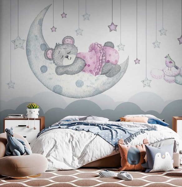 Carta da parati Orsetto che dorme sulla luna, Carta da parati per Bambini, Carta da parati popolare, u37013 - Tapeko.it