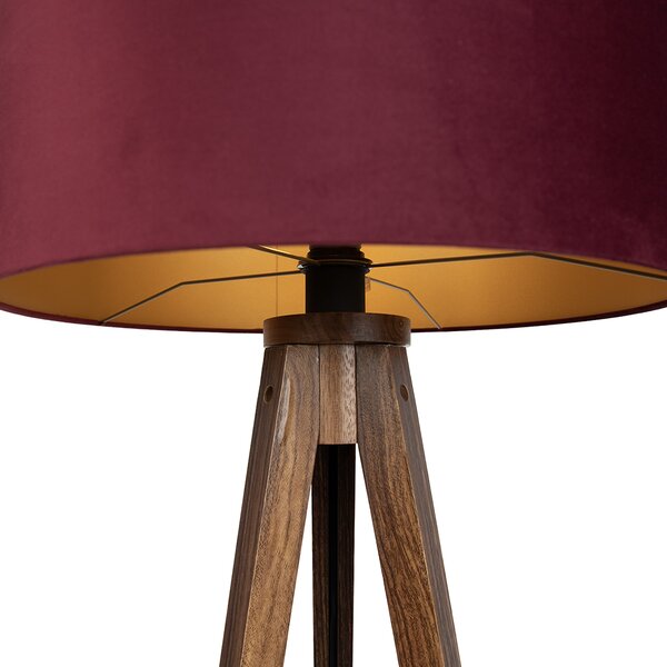 Lampada da terra treppiede in legno di noce con paralume rosso e interno dorato 50cm - Tripod Classic
