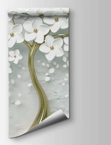 Carta da parati Albero con fiori e foglie bianche, Carta da parati 3d, Carta da parati popolare, u37065v1 - Tapeko.it