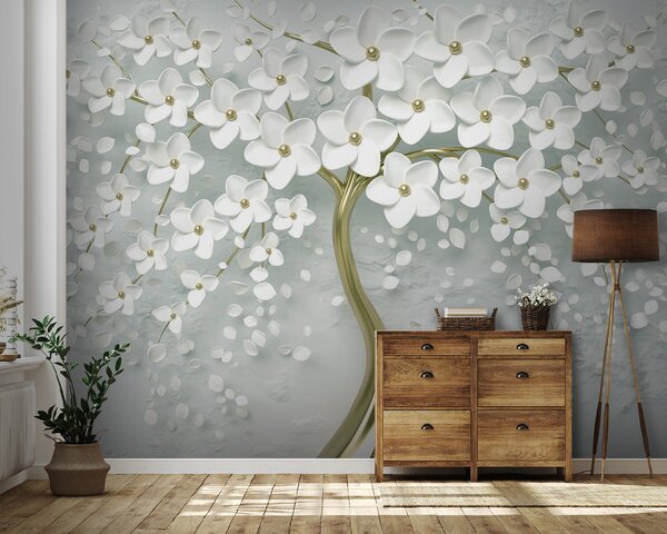Carta da parati Albero con fiori e foglie bianche, Carta da parati 3d, Carta da parati popolare, u37065v1 - Tapeko.it