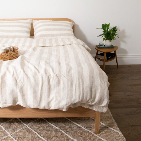 Set copripiumino e federa grigio chiaro/color crema in lino per letto singolo 135x200 cm Natural Stripes – Native Natural