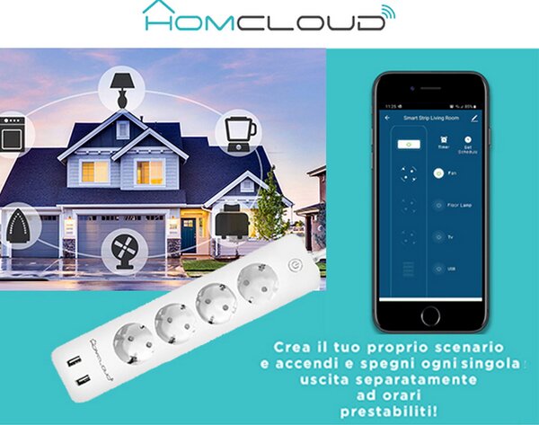 Homcloud EPS16A4 Ciabatta multipresa Smart 4 posti con cavo da 1,8m – 4 Prese Schuko + 2 USB WiFi