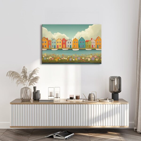 Quadro su tela – Fila di case colorate sul fiume