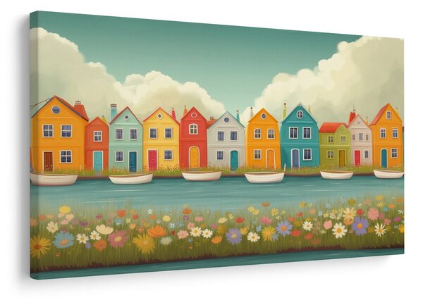 Quadro su tela – Fila di case colorate sul fiume