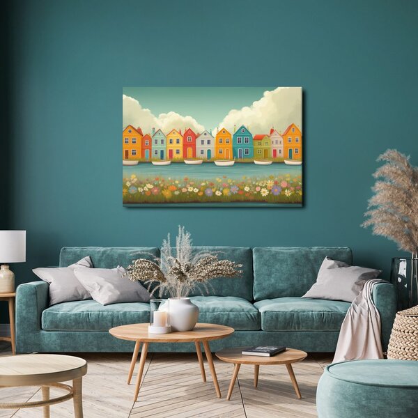Quadro su tela – Fila di case colorate sul fiume