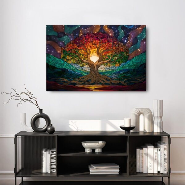 Quadro su tela – Albero della vita in paesaggio arcobaleno