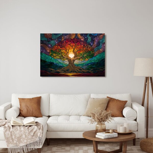 Quadro su tela – Albero della vita in paesaggio arcobaleno