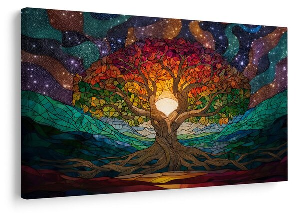 Quadro su tela – Albero della vita in paesaggio arcobaleno