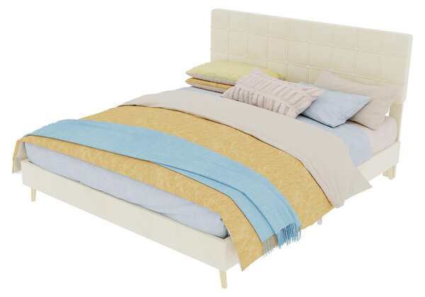 Letto imbottito 160x200 cm, beige, con rivestimento in tessuto, testiera imbottita a motivi a quadri e gambe in legno, ideale per la camera da letto